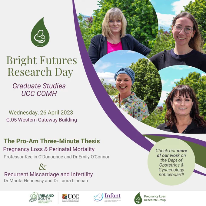 Flyer, with text & images of the 4 speakers 

Bright Futures Research Day
Graduate Studies UCC COMH
Wed 26 April 2023
G.05 Western Gateway Building

The Pro-Am Three-Minute Thesis
Pregnancy Loss & Perinatal Mortality - Prof Keelin O'Donoghue & Dr Emily O'Connor
Recurrent Miscarriage & Infertility - Marita Hennessy PhD & Dr Laura Linehan

Check out more of our work on the Dept of Obstetrics & Gynaecology noticeboard!