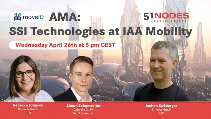 Join tommorrow's AMA with 51nodes' Jochen Kassberger about SSI technologies. Helping to bring together private parking lot providers and wallbox owners with EV motorists in a discrimination-free manner at IAA mobility.
Jochen Kassberger, CEO of 51nodes, will be interviewed and answer questions about how self-sovereign identities will help drive future mobility services in the smart city.
https://twitter.com/i/spaces/1jMKgLqjmNbGL