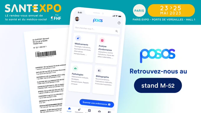 Rendez-vous sur le stand M-52 pour rencontrer l'équipe de Posos au salon #SantExpo qui aura lieu du mardi 23 au jeudi 25 mai 2023.