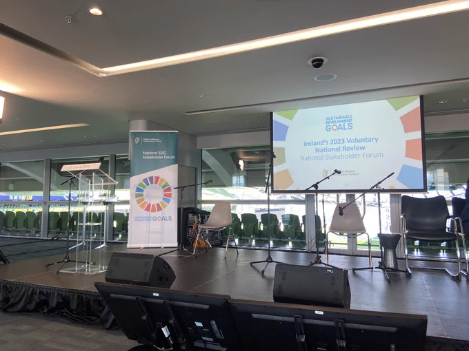 Stage with sign for Irelands Voluntary National Review on the Sustainable Development Goals