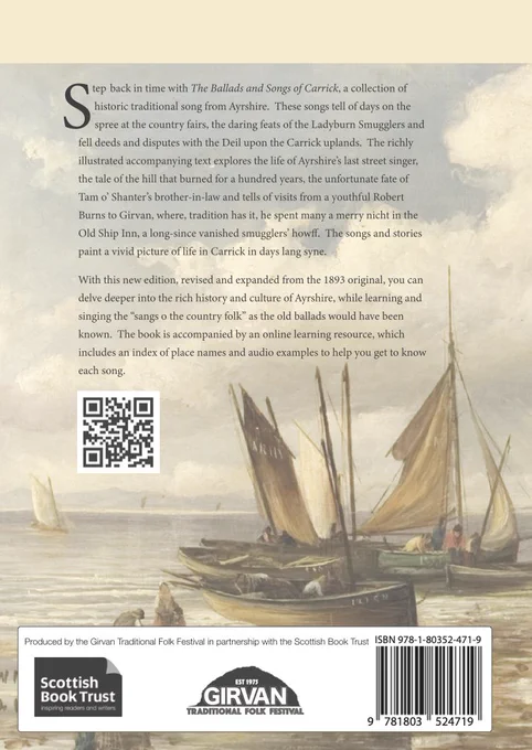 Front cover of "The Ballads and Songs of Carrick" a collection of historic traditional song from Ayrshire revised, expanded and republished by Girvan Traditional Folk Festival with support from The Scottish Book Trust.