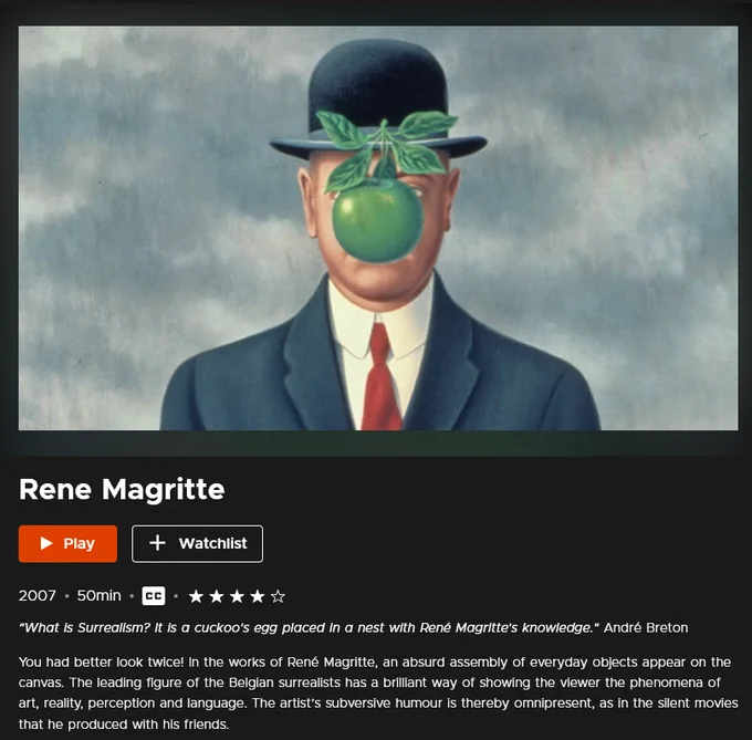 A screenshot of documentary Rene Margitte, 50 minutes long