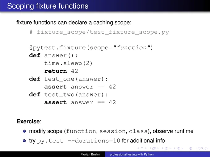 Slide "scoping fixture functions" from a pytest training, in a design with black and blue gradients