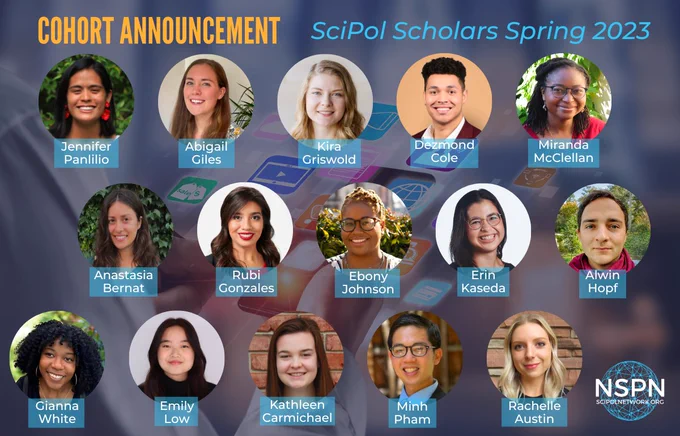 cohort announcement scipol scholars spring 2023. headshots and names of 15 scholars overlay bkg. NSPN logo lower R. 