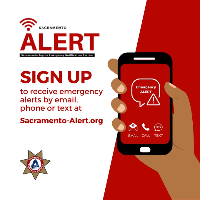 Disasters can strike at anytime. Sign up for emergency alerts today at Sacramento-Alert.org. Alerts go straight to your phone, email and/or text.