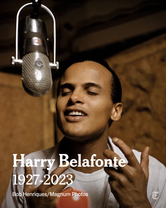 Harry Belafonte sings into a microphone. Text reads: "Harry Belafonte 1927-2023." Photo credit: Bob Henriques/Magnum Photos