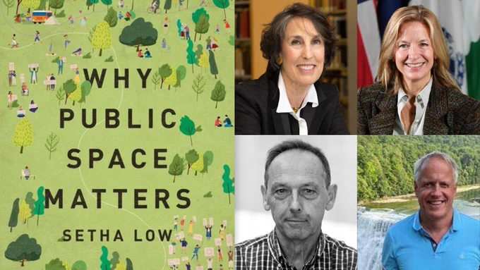 Book cover of "Why Public Space Matters" with headshots of four panelists