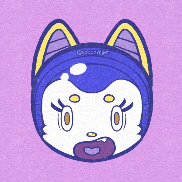 The head of a white cat character with amber-colored eyes wide open in shock, a pair of stubby yellow eyebrows, a golden nose, a wide open mouth showing a small iris-colored tongue in the shape of a heart, and wearing an indigo space helmet with incorporated cat ears.