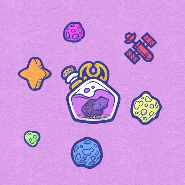 A small glass potion bottle with a general pentagonal shape viewed from the side, sealed with a mushroom-shaped cork lid, with a golden somewhat crescent moon-shaped handle attached at the top, and filled with a lilac-colored liquid in which a small asteroid is sunk with a purple crystal embedded in in. In orbit of the bottle are six charms, most of which are shaped like asteroids of various colors, a four-point orange star, and a red space-satellite.