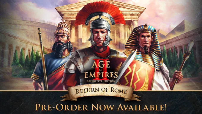 Image: The Age of Empires II: Definitive Edition — Return of Rome retail key art, featuring new illustrations of figures originally depicted in Age of Empires I and Age of Empires I: Definitive Edition. The Age of Empires II: Definitive Edition logo is centered on the image with a paper banner beneath it reading "Return of Rome". Additional text beneath the image reads: "Pre-order to save 15%".