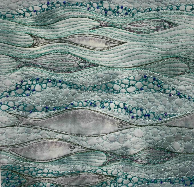 An embroidered picture of fishes, by Southampton artist who goes by the name of Mrs Badcrumble.