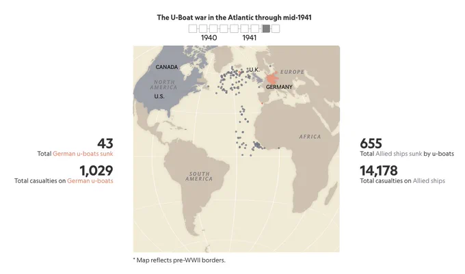 A map showing locations of sunk ships and u-boats in WWII.