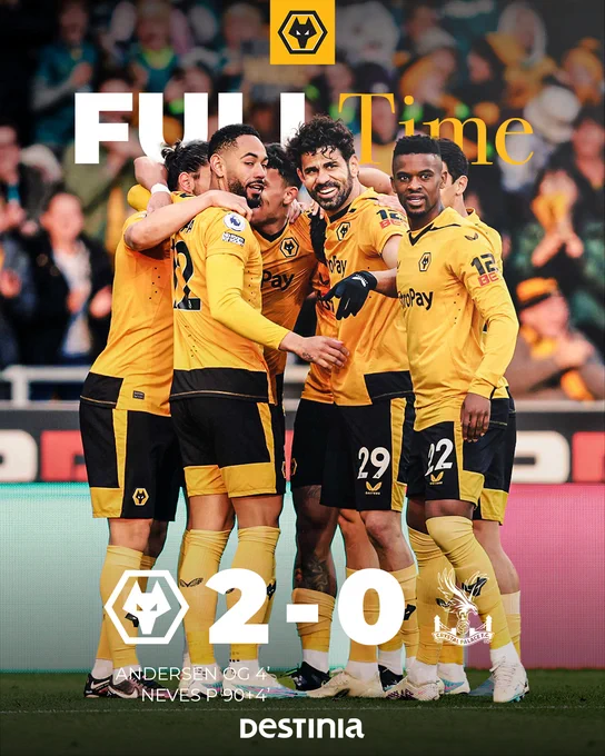 Wolves defeat Crystal Palace by two goals to nil. Joachim Andersen scored a fourth minute own goal before Ruben Neves sealed the win with a penalty in second half stoppage time.