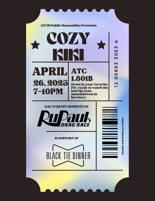 Ticket Stub graphic advertising the Cozy Kiki event.