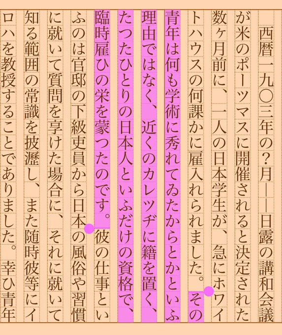 その青年は何も学術に秀れてゐたからとかといふ理由ではなく、近くのカレツヂに籍を置く、たつたひとりの日本人といふだけの資格で、臨時雇ひの栄を蒙つたのです。