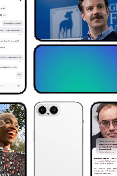 The Nebula Phone 1 is shown off in 6 different phones in a grid-like layout: a picture of a woman laughing with bubbles, the back of the phone, and a news app line the bottom vertically. On top is a texting app, an episode of a TV show playing and a normal front vertically, horizontally and horizontally respectively.