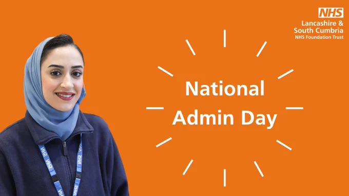 Text reads:
National Admin day with image of receptionist in a orange background and trust logo in the right 