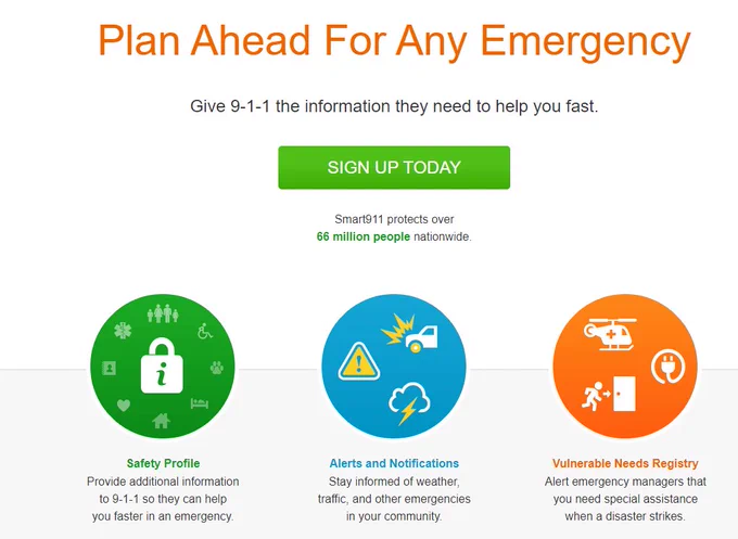 An image of a lock for Safety Profile, symbols for Alerts and Notifications, and Images for Vulnerable Needs Registry. Sign up today at Smart911.com and Plan Ahead for an Emergency.