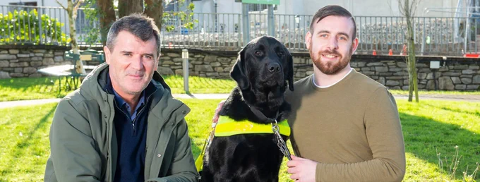 Guide Dog Owner Matthew with Guide Dog Yazz and Irish Guide Dogs for Blind Ambassador Roy Keane.