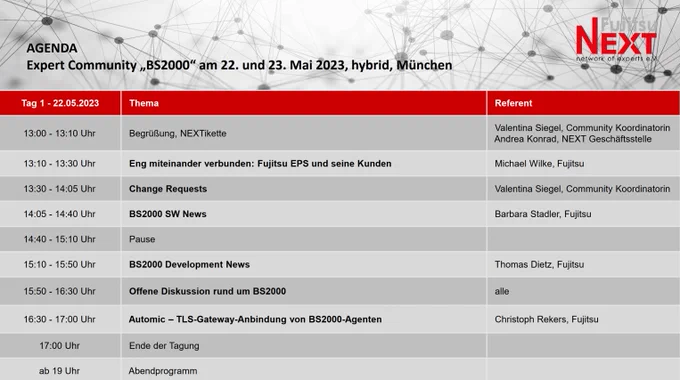 In der BS2000 Community treffen sich Experten der Mitgliedsunternehmen zum Informations- und Erfahrungsaustausch, und zur Optimierung und Weiterentwicklung ihrer BS2000 Systeme. Dies bezieht sich sowohl auf die Hardware als auch auf die BS2000 System-Software und ihre Aufsatzprodukte.