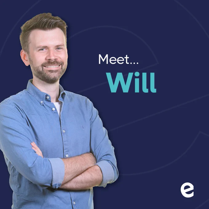 A photo of Will, Epix Media brand and video Director. He wears a light blue shirt and is standing with his arms folded, smiling at the camera. To his right are the words "Meet... Will" on a dark blue background, with the Epix "e" logo in the bottom right corner.