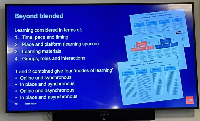 Beyond blended
Learning considered in terms of:
1. Time, pace and timing
2. Place and platform (learning spaces)
3. Learning materials
4. Groups, roles and interactions
1 and 2 combined give four 'modes of learning'
. Online and synchronous
• In place and synchronous
• Online and asynchronous
. In place and asynchronous