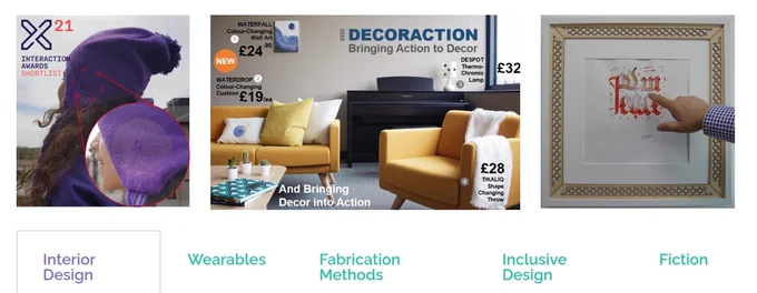 Screenshot of iStudio Lab website showing our interactive interiors, furniture, and wearables 
