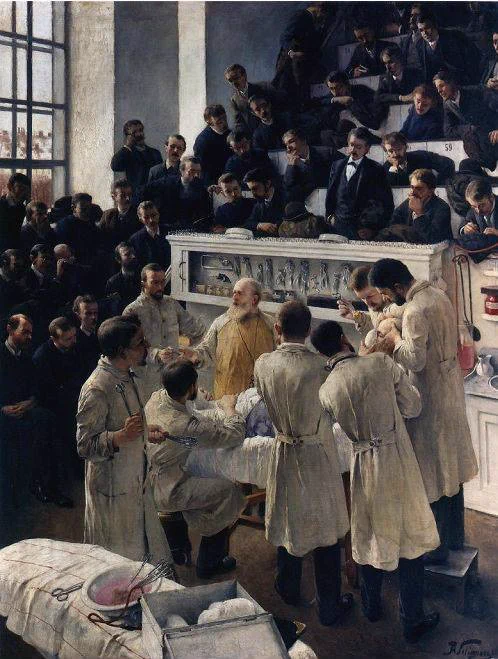 The "Theodor Billroth Operating" painting by Adalbert Seligmann (1890?) shows the german surgeon Theodor Billroth operating in the auditorium of Vienna General Hospital (Allgemeine Krankenhaus).