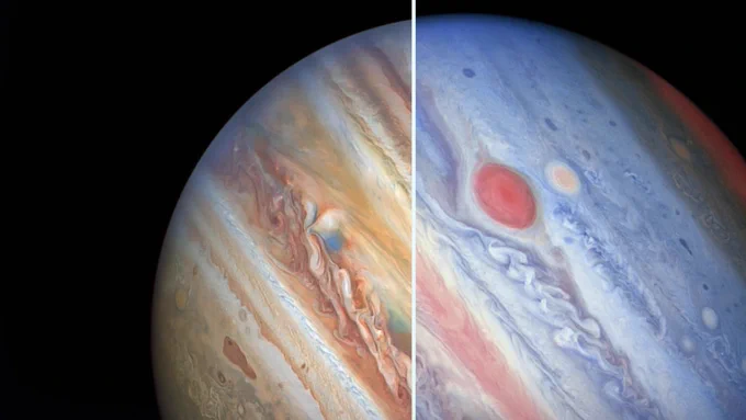 An image of Jupiter, upside-down and tilted on its side at about a 45 degree angle, with the right and bottom edges cut off. The image is divided in two by a thin white line. On the left side, Jupiter is seen in the visible spectrum, with its familiar bands of orange, brown and white clouds; on the right side, shades of blue and pink (including a rose-colored Great Red Spot) represent Jupiter in ultraviolet and other shades of light. Credit: NASA
