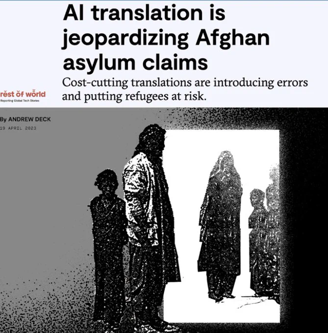 Image from Rest of World article--black pen & ink rendering of people looking through a door while others walk through. AI translation is jeopardizing Afghan asylum claims
Cost-cutting translations are introducing errors and putting refugees at risk.