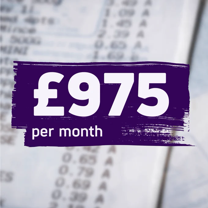 A close-up of a receipt, showing a row of costs. On top, a purple brush stroke with white text that says ‘£975 per month’. 