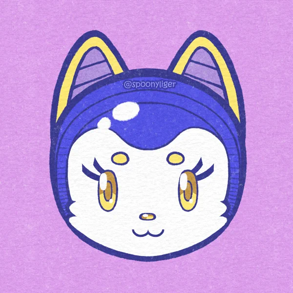The head of a white cat character with golden eyes, each with two long lashes, a golden nose, a pair of stubby yellow eyebrows, wearing an blue space helmet with incorporated cat ears, looking straight at the viewer with a 3-shaped smile.