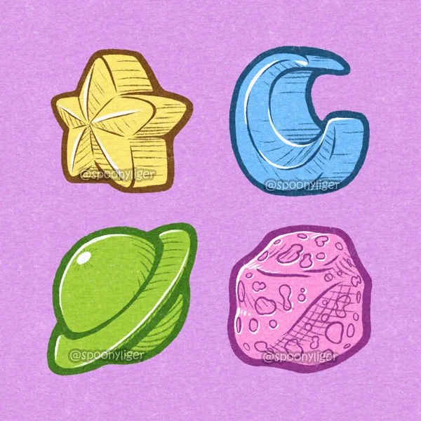 Digital illustration of four plastic charms on a lavender-colored background. Clockwise from the upper left section of the image they are a yellow star, a sky-blue crescent moon, a green Saturn, and a pink asteroid.
