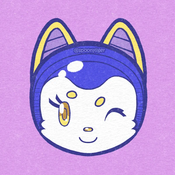 The head of a white cat character with golden eyes, each with two long lashes, one is open and the other winking, a golden nose, a pair of stubby yellow eyebrows, wearing an blue space helmet with incorporated cat ears, looking straight at the viewer with a smile.