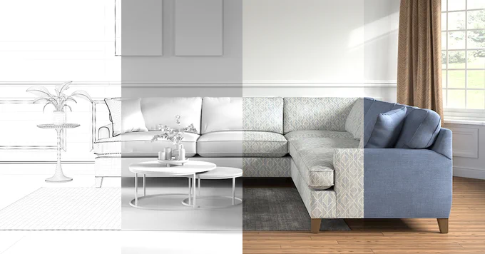 Image of a couch in different stages of design: sketch, clay, light blue fabric, grey-blue fabric.
