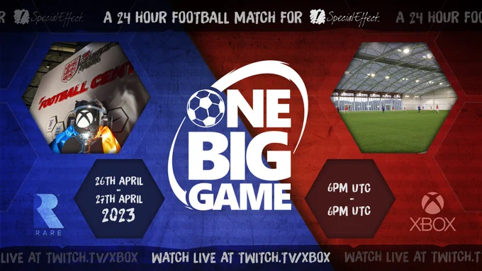 A half blue, half red image with the name 'One Big Game' in the centre (the O is a football). Photos of St. George's Park flank the logo in hexagons. Information reads: A 24 hour football match for Special Effect. 26th-27th April 2023. 6pm UTC - 6pm UTC. Watch Live at Twitch.tv/Xbox.