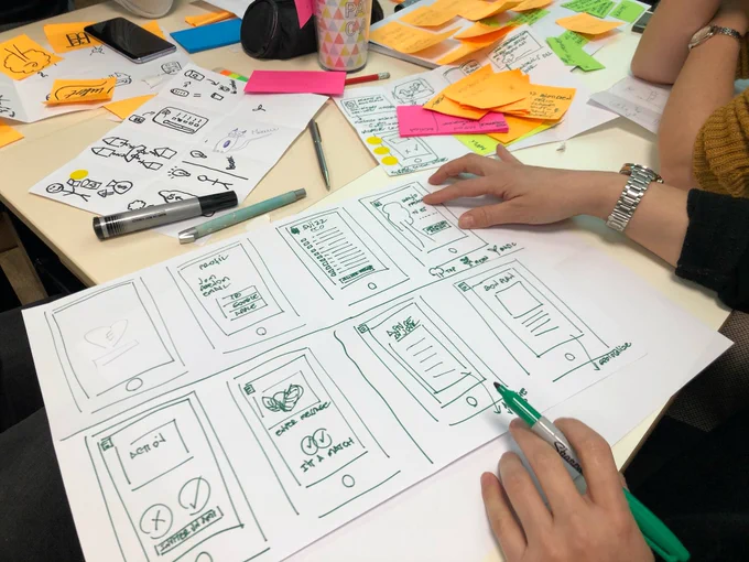 Photo showing a person writing and sketching ideas and plans on paper - photo by Amélie Mourichon on Unsplash
