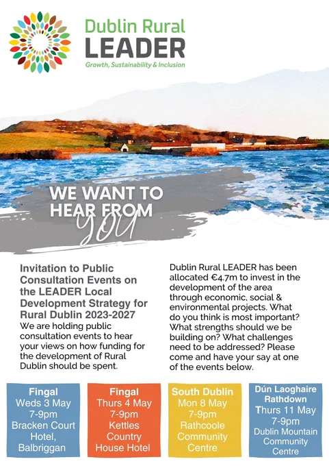 Book a place here:  dublinruralleader.eventbrite.ie

Can’t make it to an event?  Please fill out our survey and let us know what you think.

General Survey:  https://www.surveymonkey.com/r/RuralDublinSurvey
Youth Survey:  https://www.surveymonkey.com/r/DublinRuralYouth