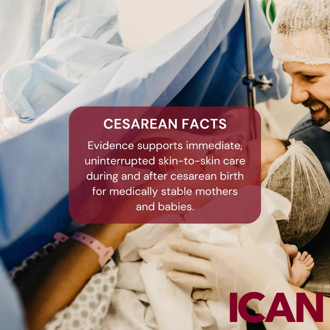 Image text: Cesarean Facts. Evidence supports immediate uninterrupted skin-to-skin care during and after cesarean birth for medically stable mothers and babies.