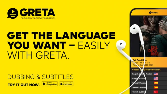Auf gelbem Grund das Greta Logo, die App Greta mit dem Film Evil Dead Rise sowie der Text: Get the language you want - easily with Greta.