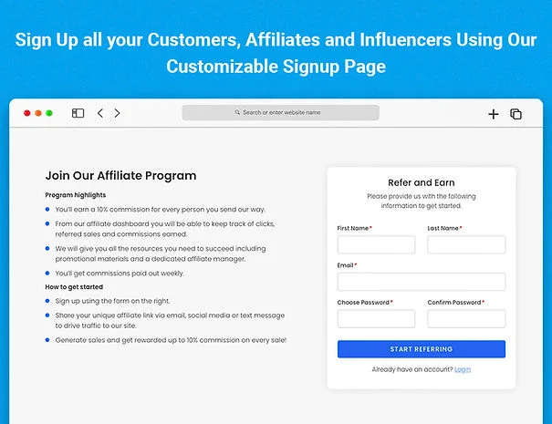 A webpage shows a signup form for joining an affiliate marketing program with the OSI Affiliate Software application from the Wix App Market.

The title text says "Sign up all your Customers, Affiliates and influencers Using Our Customizable Signup Page".