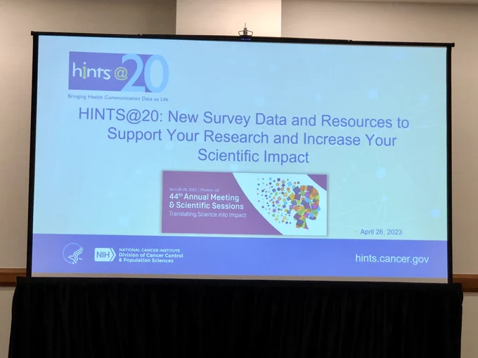 A slide that says “HINTS@20: New Survey Data and Resources to Support Your Research and Increase Your Scientifix Impact”