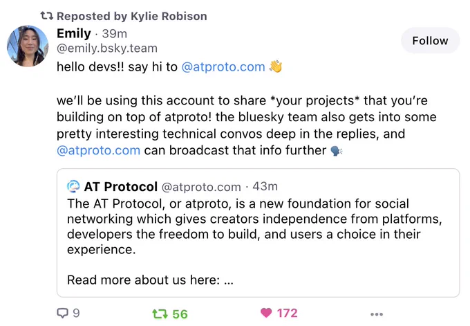 hello devs!! say hi to @atproto.com 👋

we’ll be using this account to share *your projects* that you’re building on top of atproto! the bluesky team also gets into some pretty interesting technical convos deep in the replies, and @atproto.com can broadcast that info further 🗣️