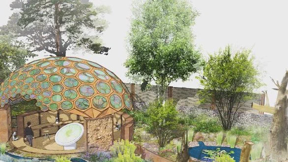 Designers' image of the RES Garden at RHS Chelsea Flower Show featuring water spaces, tall trees, shrubbery, logs, rocks, gabion walls and a domed scientific laboratory