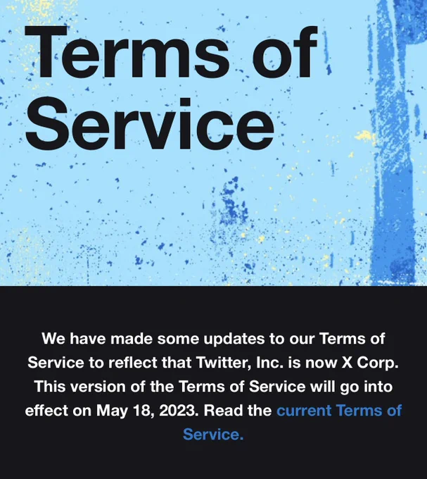 Screenshot of the Twitter Terms of Service stating that Twitter, Inc. is now X Corp.