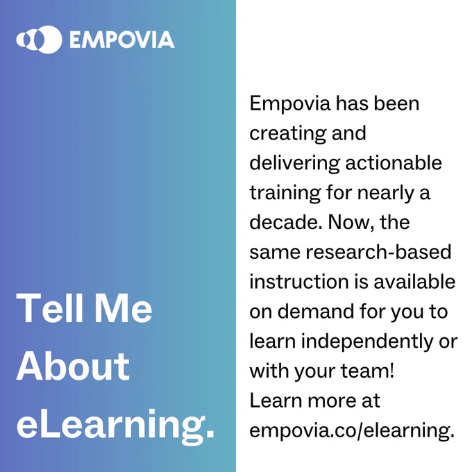 Color-blocked graphic with a violet-blue gradient on the left side that says "Tell me about eLearning" in white text. The right half of the graphic is white with "Empovia has been creating and delivering actionable training for nearly a decade. Now, the same research-based instruction is available on demand for you to learn independently or with your team! Learn more at empovia.co/elearning" in black text.