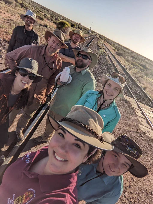 A selfie of 8 people stood on a train line in the middle of a desert. There are 4 women and 4 men, and everyone is wearing field gear and hats.