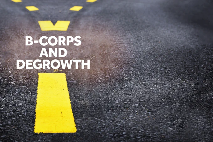 An intermittent painted yellow line splits in two on a tarmac road surface. The words 'B-Corps and Degrowth' are written just where the line splits.