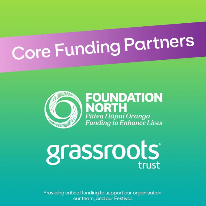 Green and teal gradient background with the header "Core Funding Partners" with the Foundation North and Grassroots Trust logos. Supporting text reads: Providing critical funding to support our organisation, our team, and our Festival.