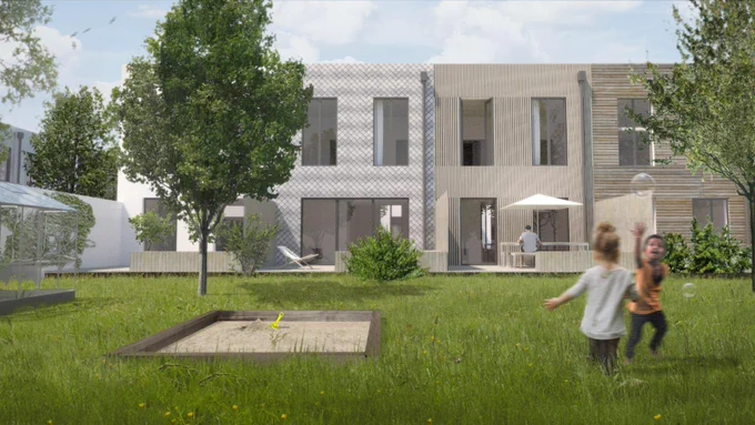 Render image of children playing in garden. In the background there are 3 semi detached WikiHouses clad in timber.
